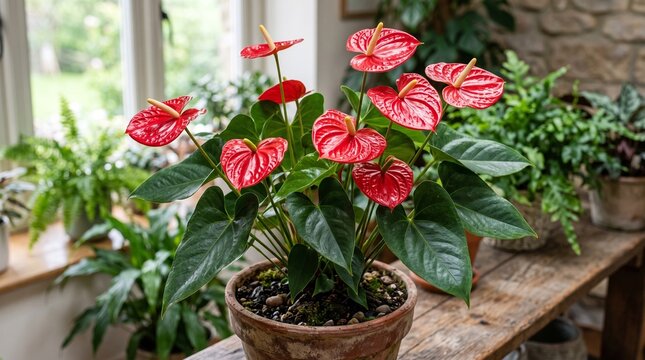 Potted red anthurium plant on a wooden table