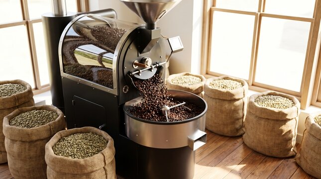 Small Drum Coffee Roaster Tumbling Fresh Beans in an Artisan Roastery