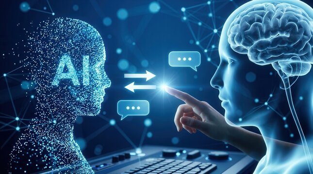 Digital chatbot communication interface with futuristic artificial intelligence technology.