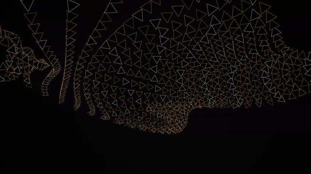 Golden geometric triangle mesh creating flowing wave motion on dark background