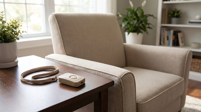 Personal Alarm Pendant Resting on a Side Table Showing Independent Living Support