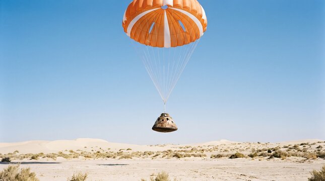 Asteroid Sample Return Capsule Descending Under Parachute Showing Mission Recovery