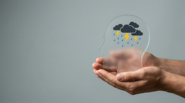 A conceptual image of mental health, anxiety, and burnout with a storm icon inside a human head.