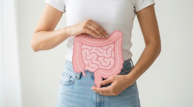 Probiotic for gut health and healthy bowel digestion represented by a woman holding an intestine.
