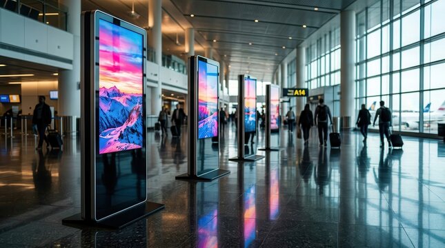 A row of digital signage displays and advertising screens used for marketing in a modern airport terminal.