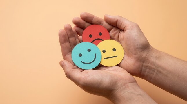 A visual metaphor for bipolar disorder with hands holding colorful faces expressing different emotions.