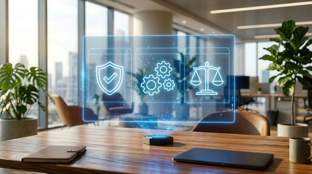 Legal scales and shield hologram interface for risk management, ethics, and regulatory compliance on an office desk.
