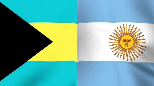 Two national flags of Bahamas and Argentina waving together sidebyside