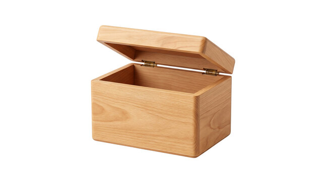 Natural wooden box with open lid, handcrafted timber storage chest, elegant light oak jewelry container for home organization isolated PNG with Transparent Background