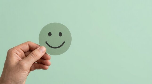 Child wellness and mental health concept featuring a green smiley face icon held by hands.