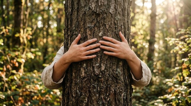 Close up of a woman's hands hugging a tree trunk representing environmental conservation.