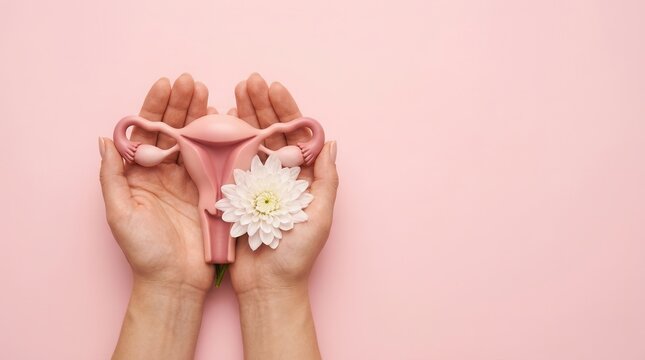 Conceptual image of women's reproductive health with uterus model and floral elements.