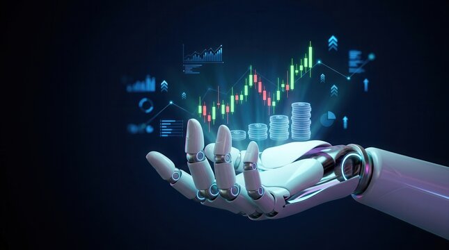 Digital stock market growth and currency exchange development via AI fintech and robotic technology.