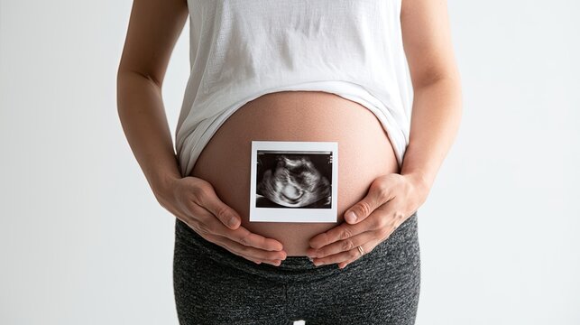 Pregnant belly with ultrasound photo, hands cradling