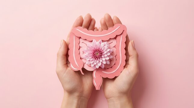 Care for gut health and leaky gut prevention with a floral intestine illustration held in hands.