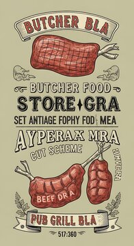 Vintage style butcher shop meat cut diagram for beef and pork