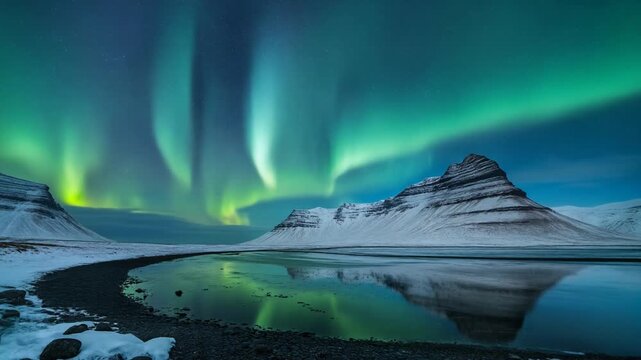 Northern Lights dancing above a frozen mountain lake reflecting the vibrant aurora borealis