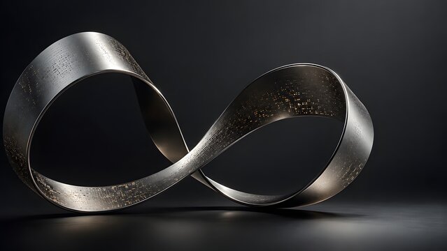 Metallic M bius strip with speckled texture rests on a dark reflective surface