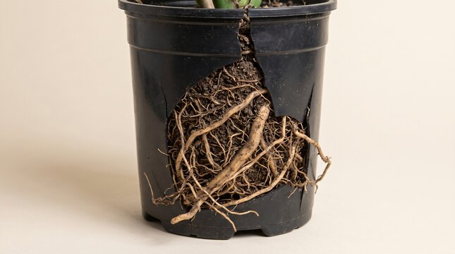 Plastic Nursery Pot Split Open by a Dense Root Ball as an Outgrowing Limits Metaphor