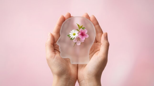 A frosted head profile with beautiful flowers held in hands for mindfulness and mental health.