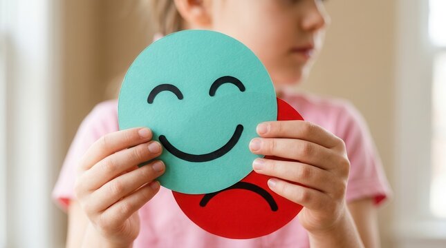 Mental health concept of a child hiding sad emotions behind a happy face mask to represent anxiety.