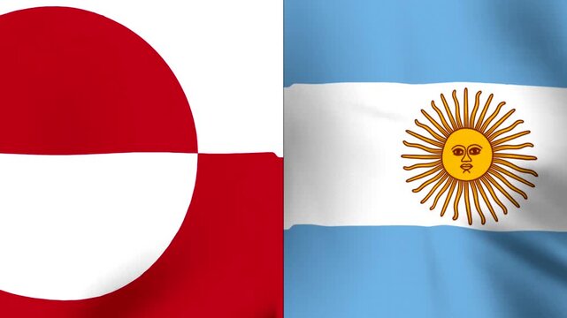 Two national flags of Greenland and Argentina waving side by side in the wind