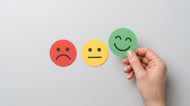 Positive customer review and feedback rating concept with a hand choosing a happy green smiley face.