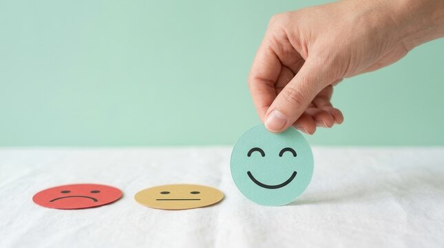 Positive feedback rating concept showing a hand picking a happy smiley face for customer satisfaction.