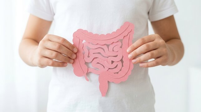 Concept of gut health and probiotic benefits with a preteen holding a pink intestine model.