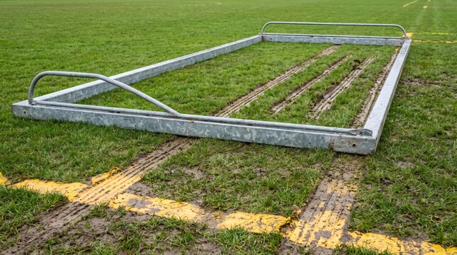 Empty Football Goal Dragged Across a Pitch as a Moving the Goalposts Metaphor
