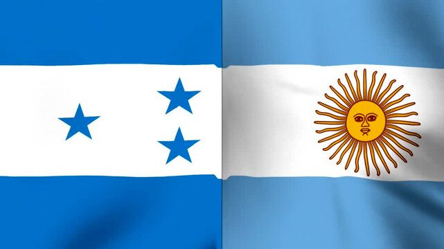 Two national flags of honduras and argentina waving together sidebyside