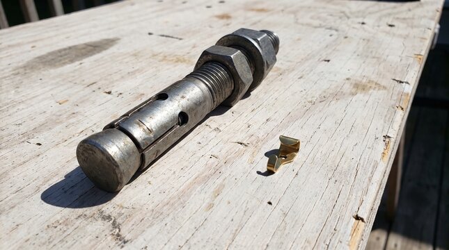 Overengineering Concept, an Oversized Masonry Anchor Bolt Beside a Tiny Picture Hook