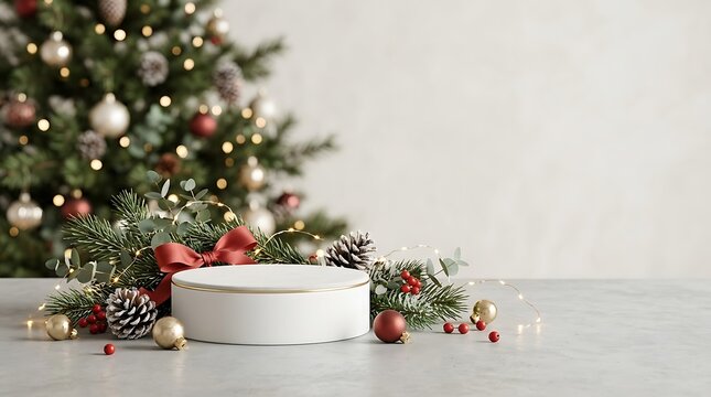 Christmas product display podium with festive decorations and bokeh tree background, marry christmas, marry christmas 2027, happy new year 2027, christmas holiday 2027