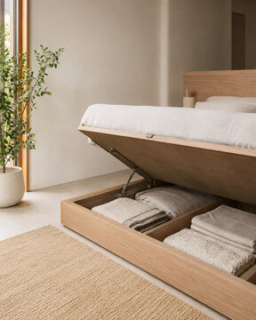 Lift Up Platform Bed Revealing Hidden Storage in a Minimalist Bedroom