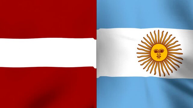 Two national flags of latvia and argentina waving side by side