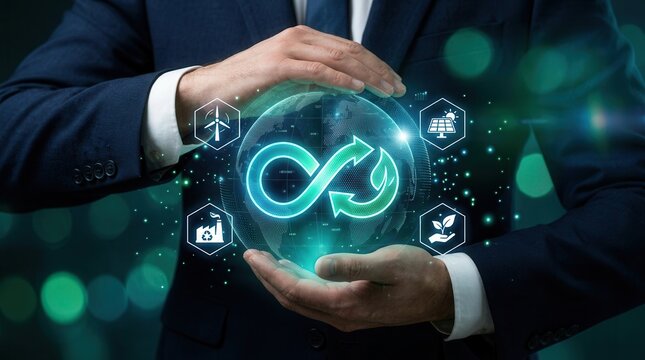 A businessman presenting a digital circular economy icon to maximize resource efficiency and eliminate waste.