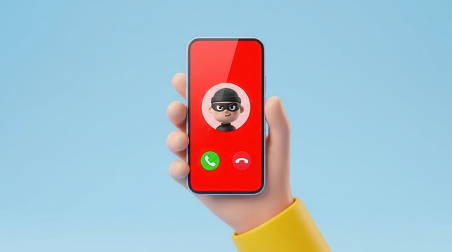 Cybersecurity and phone scam alert concept with a 3D rendered smartphone and masked criminal icon.