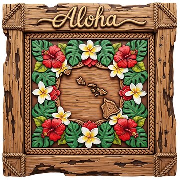 Decorative wood carving with aloha text and hawaii map