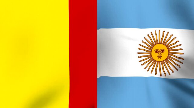 Two national flags of Romania and Argentina waving side by side