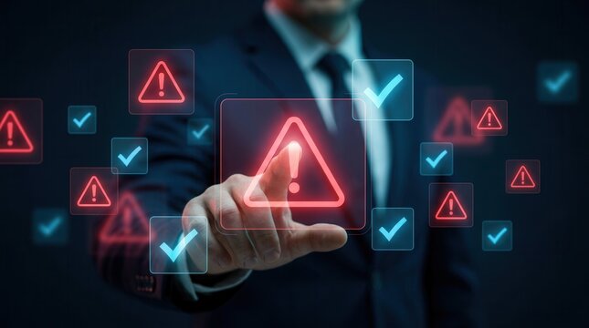 Digital security system alert with multiple red triangle warning signs and blue checkmarks.