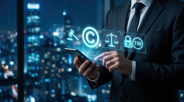 Protecting intellectual property through digital copyright and trademark security icons.