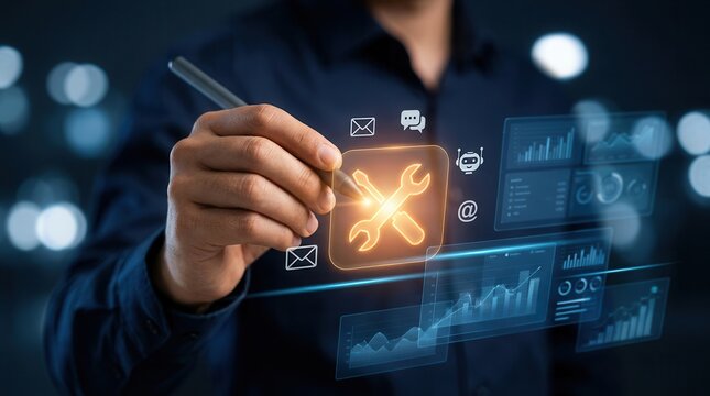 Efficient IT support and maintenance concept with digital icons for email, tools, and data analytics.