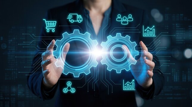 Real-time data connectivity and enterprise system management with digital gear icons.