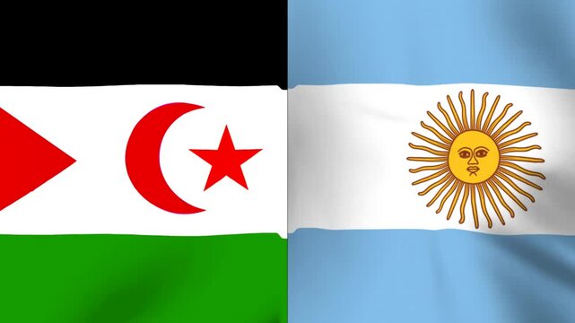 Two national flags of Sahrawi Arab Democratic Republic and Argentina waving together in the wind