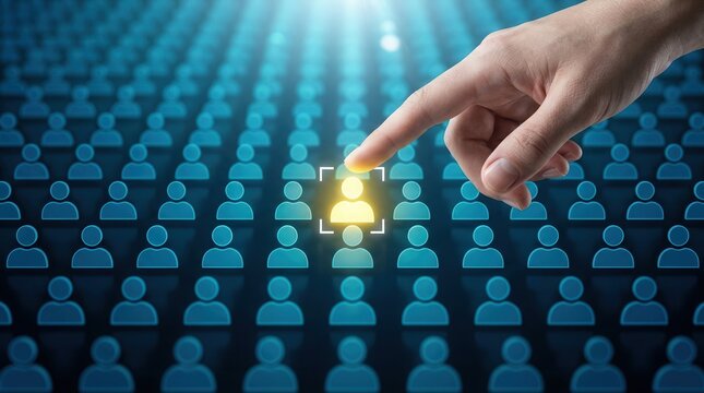 Concept of customer segmentation with a hand pointing at a highlighted client icon in a sea of people.