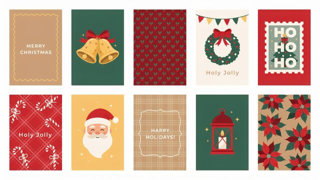 Set of 10 christmas greeting cards with festive illustrations