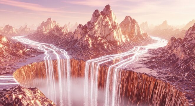 Surreal mountain landscape with glowing river and waterfall leading to chasm for digital art
