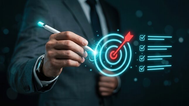 A professional businessman performing strategic goal setting with a digital stylus and target icon.