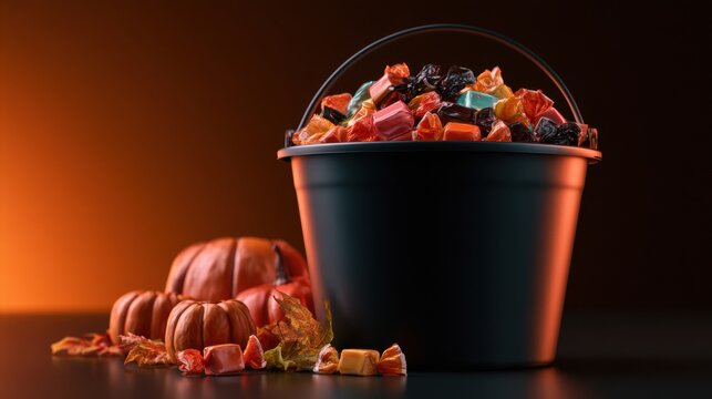 Black plastic bucket overflowing with colorful wrapped candies beside decorative fall pumpkins with celebration