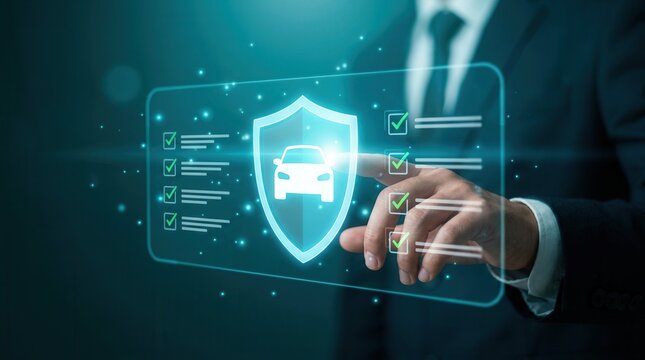 A financial advisor manages customer trust and automotive insurance compliance via a futuristic digital display.